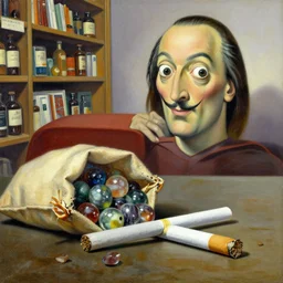 a cigarette sitting next to a bag of marbles in a bookstore, painting by salvador dali