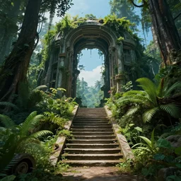 stairs leading to a derelict portal in a middle of a lush futuristic forest, alien world seen through a portal, daylight, cinematic lighting, blue sky, syd mead, john harris
