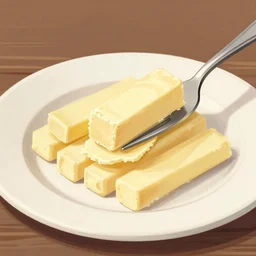 a stick of butter on a fork from a plate with 1 0 sticks of butter in a pile, colour illustration 1 9 3 0 s.