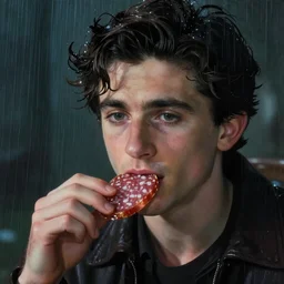 timothee chalamet eating italian salami, raining, close up, rim lighting, portrait, sinister atmospheric lighting. highly detailed painting by greg rutkowski, anime style
