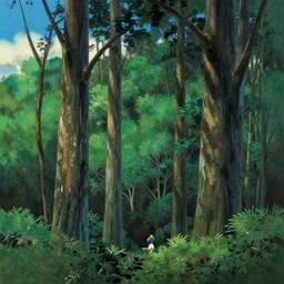 a painting of trees in a forest with a sky background, a matte painting by makoto shinkai kaii higashiyama, ghibli, deviantart, matte drawing, concept art, matte painting
