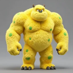 a big muscular yellow monster with green dots and only one leg, photography, practical effect