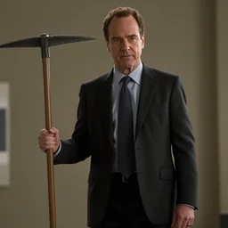 Bryan Cranston as Gordon Freeman, holding a crowbar, in Freeman's suit, still from a movie
