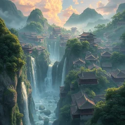 dreamy chinese town, high waterfalls, paradise, magical, digital painting, illustration, bird view, hard focus, trending on artstation