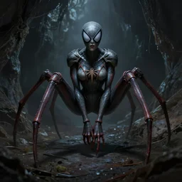 creepy matte painting of an armored woman with spider legs in a dark cave, ( ( ( spiderwoman ) ) ), human arms, ultra detailed, monster, half human half spider, human torso and head, human face, creature design, concept art, dnd, dndbeyond, d & d, 8 k, moody lighting, muted colors, blue tone light, dramatic lighting realistically proportioned body