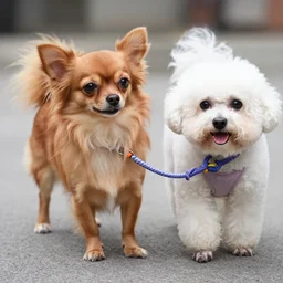 a cute brown long haired chihuahua cocker spaniel tugs rope with a bichon frise