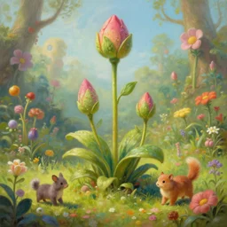 a beautiful painting plant sprouts in a fantasy world full of interesting buds fictional and gorgeous, cute animals walking nearby, 8 k resolution, highly detailed, hdr, artwork