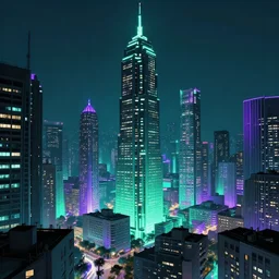 cyberpunk city, aqua, green, and purple neon lighting