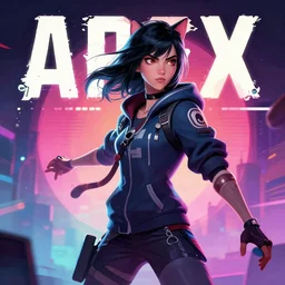 a pale young girl with black hair, 1 8, in a hoodie, and a cat, apex legends character, digital illustration portrait design, by android jones and greg rutkowski, retrowave color scheme, detailed, cinematic lighting, wide angle action dynamic portrait