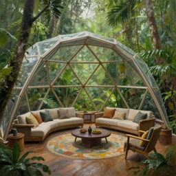 a beautiful painting of the interior of a geodesic house in a moist tropical rainforest, living room, by greg rutkowski, realism, artstation, nature