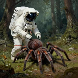 an astronaut comes a across a furry spider - like creature in a forest, a detailed matte painting by frieke janssens, featured on cgsociety, space art, matte painting, matte drawing