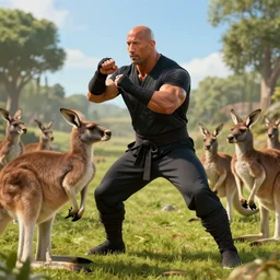 dwayne johnson as a ninja fights multiple kangaroos