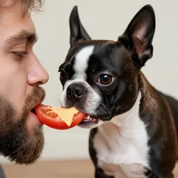boston terrier with a human beard eating tomato's with cheese, photorealistic, high detail, 8 k resolution