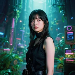revealing teen Japanese model female, starring in Blade Runner 2049, captivating, rule of thirds, sensous, set on quantum lush realm