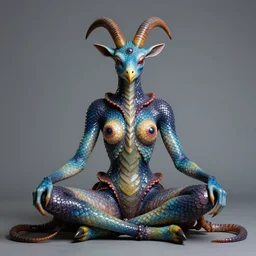 a portrait photograph of a meditating fierce sadie sink as a colorful harpy antilope super villian with slimy blue skin with reptilian scales. her body is transforming into a alien amphibian. by donato giancola, hans holbein, walton ford, gaston bussiere, peter mohrbacher and brian froud. 8 k, cgsociety, fashion editorial