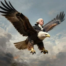 epic action redbull portrait of george washington soaring on backs of a giant bald eagle by greg rutkowski, fantasy, winds spread