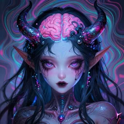 closeup of an adorable cyber demoness, cute, eldritch woman abomination of unimaginable horror by alex grey and junji ito, speculative evolution, psychedelic illustration, op art brain