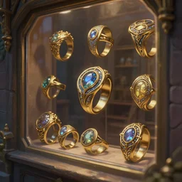 shop window for magical rings, close up ring, magic ring, deep focus, d & d, fantasy, intricate, elegant, highly detailed, digital painting, artstation, concept art, matte, sharp focus, illustration, hearthstone, art by artgerm and greg rutkowski and alphonse mucha