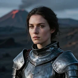 head and shoulders portrait of a female knight, portrait by jeff easley, dramatic lighting, volcanic waste background
