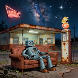 A 1960s robot! on couch in front of a rusted! gas station. The stars! of the Milky Way shine above a broken neon sign, ground is cracked with vines fantasy concept art by Greg Rutkowski