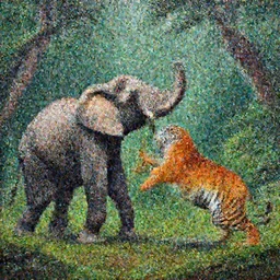 painting of an elephant fighting with a tiger in the rain forest
