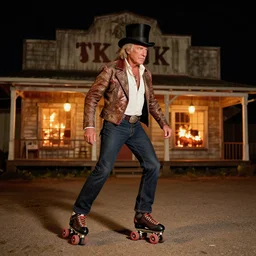 portrait photo still of kenny rogers roller blading, wearing a top hat, in front of an old country store on fire at night, 8 k, 8 5 mm f 1. 8