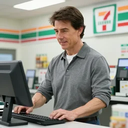 Tom Cruise working as a 7/11 cashier, artstation, accurate, 8k, HD