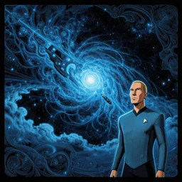 star trek 8 k landscape landscape panoramic, jean luc picard planet by james gurney + black paper with intricate and vibrant light blue line work, hk animation, trending on artstation + ethereal spaceship in a cloudscape nebular phase nebula + fantastic fractal engine light detail
