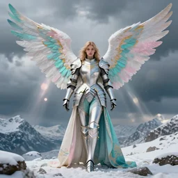 cyber full armor angel, big wings, argentina, hudson river school, max rive, full plate armor with cloth, f 1 6, bokeh, gentle, female, snowy mountain, storm clouds, god rays, landscape, d & d, fantasy, elegant, teal pink white gold color palette, concept art, roger deakins and greg rutkowski and alphonse mucha
