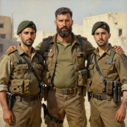 A painting of Barney posing with ISIS soldiers in syria, detailed