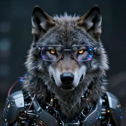 portrait of half mechanical wolf with cyberpunk glasses, reflective lens, caustics, bokeh, dust, mechanical parts, neon wires, dark fur, closeup portrait, android, editorial photography, award winning, establishing shot, dark mood, dark sci fi