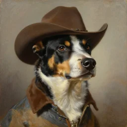 a head and shoulders portrait painting of an anthropomorphic!!!!!!!!!! australian cattle dog!!!!!!!!!! wearing a cowboy outfit without a hat looking off camera, a character portrait, neoclassicism, oil on canvas, soft focus