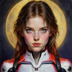 poster artwork, painting, young girl, beautiful face, gorgeous, face visible, halo, cinematic lighting, eva suit, wallpaper, extremely detailed, sharp focus, by greg rutkowski and [ [ [ wlop ] ] ], intricate, beautiful, award winning, trending on artstation, pixiv