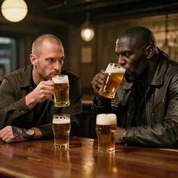 duke nukem and the doom guy drinking beers at a bar reminiscing about old adventures