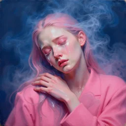 3 d, close - up, liquid white oil, sleepy crying fashion model, deep blue fog, smoke, poster art, high detail, intricate oil painting, multiple exposure, deep pink color palette, hyperrealism, 3 d, by tooth wu and wlop and beeple and greg rutkowski