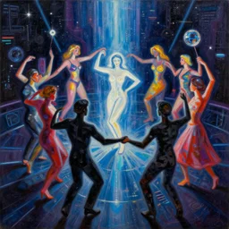 a beautiful masterpiece painting of people who dance around ( in a cyber space disco ) and suppose while the secret sits in the middle and knows, oil painting by cuno amiet, andrey remnev, frank stella, james jean, kazimir malevich, pavel filonov, prismatic, glowing, raven black, dazzle camouflage!, trending on artstation
