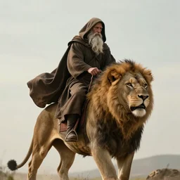 alnaqua a hooded wise old man with a long white beard wearing a brown hooded tunic riding on top of a lion, the man is on the lion, he is riding a lion, majestic, epic digital art, cinematic, trending on artstation, superb detail 8 k, wide - angle, masterpiece