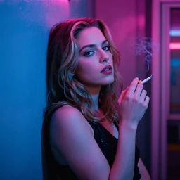 portrait mila kunis looking into the camera leaning back against a wall smoking a cigarette, blue and pink neon lit entrance, 1 9 8 0 s, intricate, moody, tasteful, intimate, highly detailed, short focus depth, artgerm, donato giancola, joseph christian leyendecker