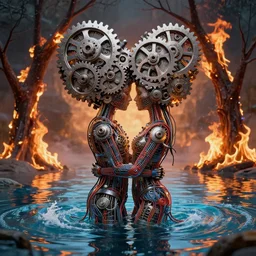 love in chaotic waters, with trees on fire and a couple made of metallic gears on the top half and wires on the bottom half hugging each other