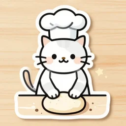 cat wearing chefs hat kneading bread dough sticker, line art
