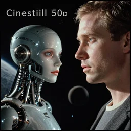 Cinestill 50d, 8K, 35mm,J.J Abrams flare; beautiful ultra realistic minimalistic syd mead in space(1950) film still H.G Giger bay scene in 2000s frontiers in blade runner retrofuturism fashion magazine September hyperrealism holly herndon in moebius edition, highly detailed, extreme closeup three-quarter android portrait, tilt shift LaGrange point orbit background, three point perspective, focus on portrait of two androids;pointé pose; eye contact, soft lighting