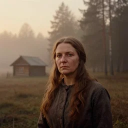 portrait bust of woman, solemn expression, faded color film, russian cinema, tarkovsky, kodachrome, heavy forest, wood cabin in distance, long brown hair, old clothing, heavy fog, atmospheric haze, brown color palette, sunset, low light, hudson river school, 4 k, dramatic lighting