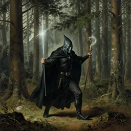 Warlock walking in spruce woods and casting a spell. Dutch golden age.