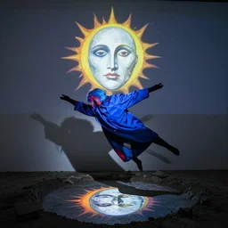person falling into abyss dynamic shadows with abstract face makeup long blue cloak black gloves blue red light mullet tessellation sun moon symmetrical facial features video art installation by nam jun paik gottfried helnwein - w 1 0 2 4