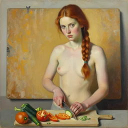 a beautiful painting of a gorgeous young mother standing in front of weathered cutting board with auburn side braid draped over her shoulder and pretty hazel eyes,, representative of the art style of artgerm and wlop and peter mohrbacher, holding knife and chopping vegetables