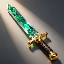 photograph of a wide green and teal crystal sword blade with a big gold sword hilt