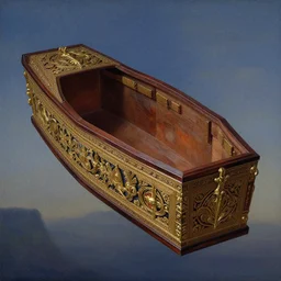 an elaborate empty floating coffin, evening, fantasy, regal, intricate, detailed matte painting by moebius