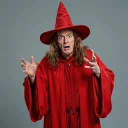 portrait of rincewind with a scared expression and scared pose wearing bright red wizard robe and hat by greg rutkowski and raymond swanland