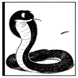 a still frame from comic strip, black fluffy hairy snake 1 9 5 0, herluf bidstrup, new yorker illustration, monochrome contrast bw, lineart, manga, tadanori yokoo, simplified,