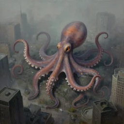 aerial!!!! view of a giant octopus monster moving through a foggy, dim, detailed city, extremely detailed!!! oil painting, dull palette